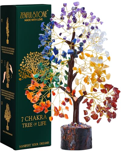 7 Chakra tree of life Crystal Healing Money Tree for Home Living Decor, Office Desk Decor | Handmade Feng Shui Bonsai for Positive Energy, Wealth & Good Luck | Birthday Gifts for Men, Women, Mom - color: 7 Chakra Tree Wooden Base 300 Beads