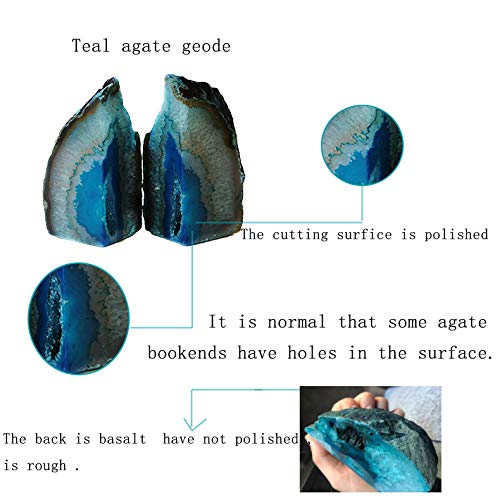 JIC Gem Teal Agate Bookends Heavy Duty Book Ends for Shelves Geode Book Ends with Rubber Bumpers for Office Décor and Home Decoration(1 Pair, 2-3 LBS) - color: Green Dyed, size: 2-3LBS.