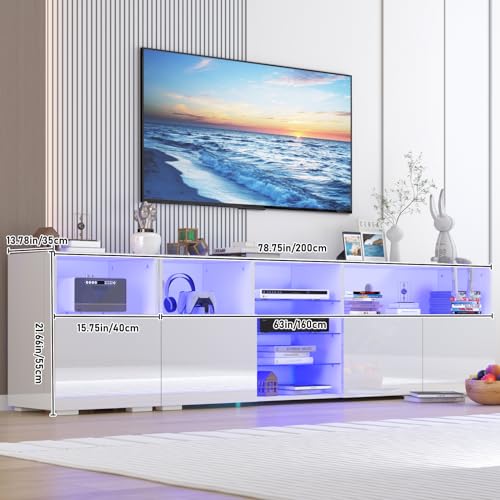 jiteentarou 79IN LED TV Stand for 75/80/85inch TV,High Glossy Modern TV Stand for Living Room,TV Entertainment Center with Adjustable Storage Shelf,RGB LED Lighting,TV Console(White) - color: White