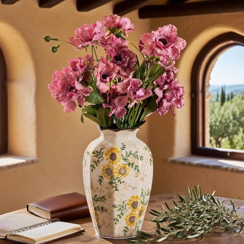 for Mom from Daughter or Son, Hand-Painted Sunflower Vintage Ceramic Octagonal Vase 9.1”, Green Yellow Beige Floral Vase for Bouquet, Mantle, Table Centerpiece, Bookshelf, Office - color: Yellow Sunflower - 003