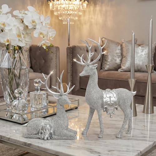Set of 2 Modern Deer Statues for Home Decor, Handcrafted Resin Elk Sculptures with Intricate Beaded Texture, Elegant Animal Figurines for Living Room, Bookshelf, Office & Housewarming Gift - color: Silver