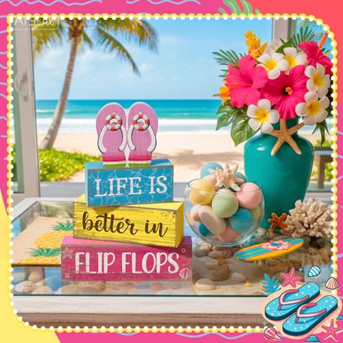 Yuntau 4 Pcs Summer Decorations for Office Hawaii Table Decorations Wooden Sign Flip Flops Table Centerpiece Summer Tiered Tray Decor Decorative Faux Book Stack Block for Coffee Mantel Floating Shelf - style: Pink Flip Flops