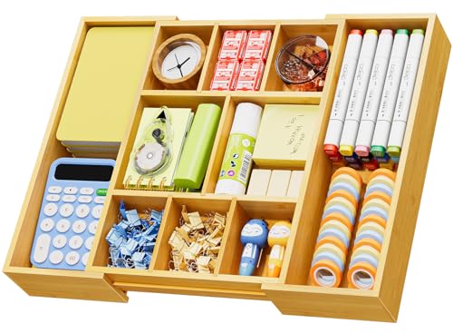 Marbrasse Bamboo Expandable Drawer Organizer, Desk Drawer Organizer Tray with 5 Dividers, Desk Organizers and Accessories, 10 Adjustable Compartments for Office Supplies, Junk, Makeup & Vanity