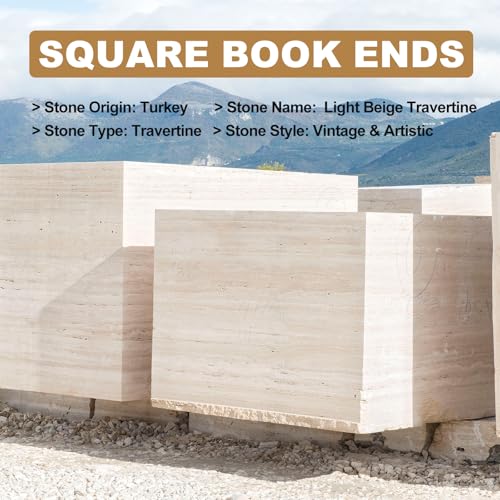 Decorative Square Marble Bookends for Heavy Books – Unique Book Ends for Shelves – Modern Aesthetic Book Holder/Stopper with Non-Slip Pads for Chic Home, Office, or Library Decor(Travertino Turkey) - style: Square-Beige