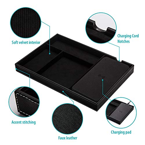 Valet Tray, Built in Wireless Charging Pad, Nightstand Organizer, Dresser Organizer, Mens Jewelry Box, Valet Charging Station, Faux Leather Valet Tray for Men and Women, (Black) - color: Black