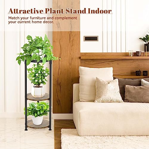 KMOTASUO 3 Tier Black Plant Stand Indoor for Large Tall Heavy Duty Planter, Multiple Sturdy Metal Flower Corner Rack for Narrow House Floor, Iron Vertical Level Round Orchi Holder Organizer, Modern - color: Black + Brown, size: 3 Tier
