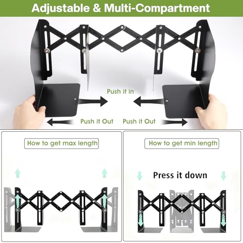 2PCS Heavy Duty Metal Bookends, Adjustable Book Organizer for Shelves & Desk with Non-Slip Pads, 3 Compartments, Extends up to 19 inches, Office & Home Use (Black)