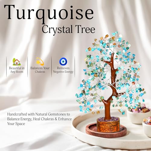YATSKIA Turquoise Crystal Tree - Gemstone Tree - Tree of Life - Crystal Home Decor - Good Luck Charms - Spiritual Gifts for Women - Gemstones and Crystals - Chakra Stones - Meditation Decor - color: Turquoise Silver Wire