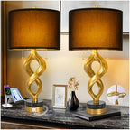 Sculptural Table Lamp Set of 2 for Bedroom, 26” Gold Leaf Farmhouse Bedside Lamps for Living Room, Pull Chains Switch Rustic Nightstand Lamp Marble Base with USB for Home Room Decor (Bulbs Included) - size: 26 inches Gold Leaf -032