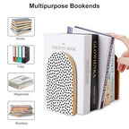 Wooden Bookends 2 Pcs,Black and White Polka Dots Heavy Duty Office Book Ends Anti Slip Book Shelf Holder with Metal Base Decorative Book Stands - color: Black and White Polka Dots