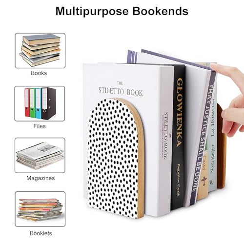 Wooden Bookends 2 Pcs,Black and White Polka Dots Heavy Duty Office Book Ends Anti Slip Book Shelf Holder with Metal Base Decorative Book Stands - color: Black and White Polka Dots