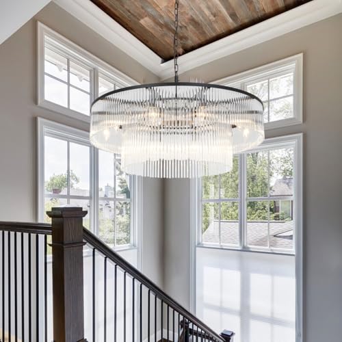Contemporary Black Chandeliers, 2-Tier Dining Room Glass Chandelier Lighting 10 Lights Round Chandelier for Living Room Foyer Entryway Ceiling Hanging Pendant Light Fixture 32" - size: Medium Black (32" x 70")