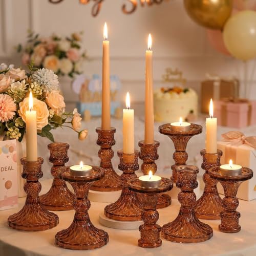 Amber Candle Holder Set of 12, Glass Taper Candle Holders, Amber Candlestick Holders, Candle Stick Holder for Table Centerpieces, Vintage, Home Decor - color: Amber