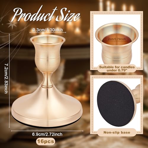 CUTHOLLOW 16 Pcs Metallic Gold Taper Candlestick Holder Vintage Style 2.71x2.83 Inch/6.9x7.2cm Rustproof Alloy for Kitchen Living Room Accent Decor, Golden
