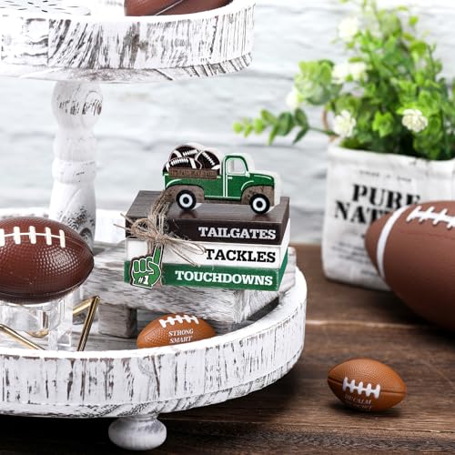 Briwooody 5 Pcs Football Decoration Football Tiered Tray Decor Mini Faux Ball Wooden Book Stack Set Sport Party Decorations Decorative Book Sign for Home Locker Room Table Shelf Desk - style: Football