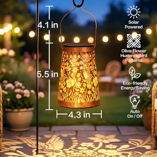 LeiDrail Hummingbird Solar Lanterns Outdoor 2 Pack, Hanging Waterproof Vintage Metal Lantern, Auto On/Off Garden Patio Yard Porch Pathway Decor, Warm White LED, Gifts for Women Mom Grandma - color: Hummingbird