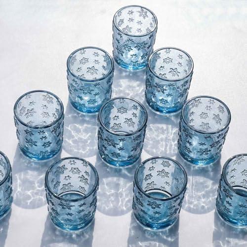 VOHO Blue Snowflakes Embossed Votive Candle Holders Set of 24, Glass Tealight Candle Holder for Seasonal Festival & Christmas Decorations, Beautiful Blue Candle Holders for Tea Lights/Votive Candles - color: Blue