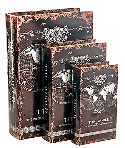 Bellaa Decorative Book Box Antiques Vintage Retro Invisible Secret Storage Faux Leather Wood Magnetic Set of 3 (Antique Map B) - style: Antique Map B