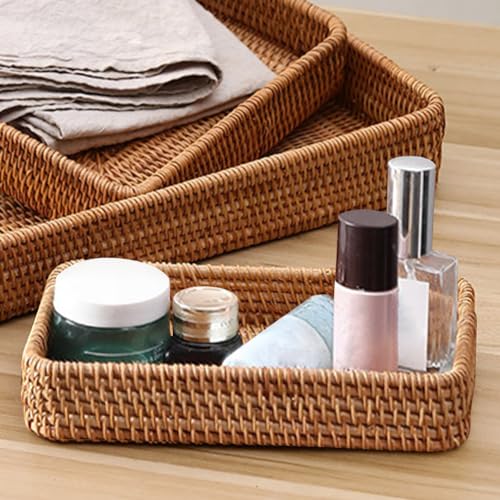 Rattan Bathroom Vanity Tray,Serving Vanity Basket,Bathroom Tray for Countertop,Sturdy Storage Basket for Dressing Table,Shelves,Desk Top,Cabinet,Nightstand ﻿