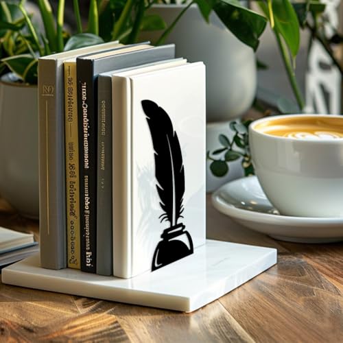 Peacoblue Metal Bookends for Shelves, Modern Decorative Heavy Duty Study Book Support Stoppers for Office, Desk, Shelf, Room 5.3"x4.3"x7.9" Cast Iron Tall Bookends, 1 Pair (Quill Pen and Candlestick) - style: Quill Pen and Candlestick
