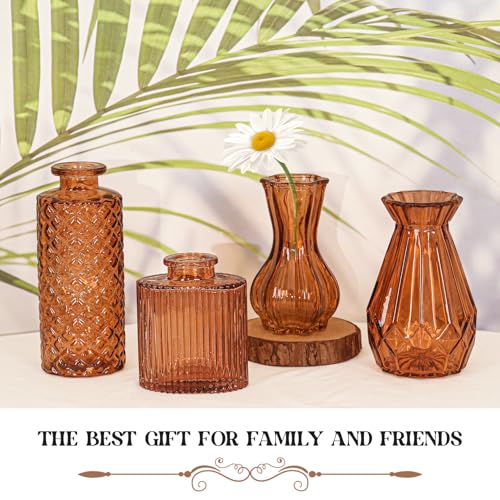 Set of 4 Glass Bud Vase Set, Small Vintage Clear Flower Vase Centerpieces for Table Bulk Cute Rustic Style Mini Vase for Home Decor Wedding Baby Shower Birthday Party(Amber) - color: Amber