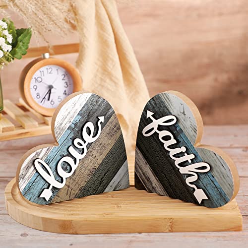 Jetec 2 Pcs Rustic Wooden Heart Table Decor, Daisy Farmhouse Home Decor, Bless This Home & Be Kind Sign for Living Room, Dining Room, Shelf & Mantel, Ideal Housewarming & Birthday Gift(Love Style) - style: Love Style