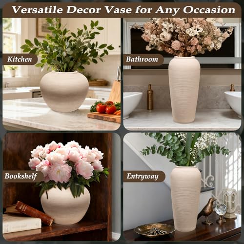 Tall Ceramic Vase 12 Inch Neutral Textured Vase,Cream Ceramic Vase for Home Decor,Farmhouse Tall Ceramic Flower Vase for Dining Table,Living Room,Kitchen,Bedroom,Entryway - size: 12 Inch