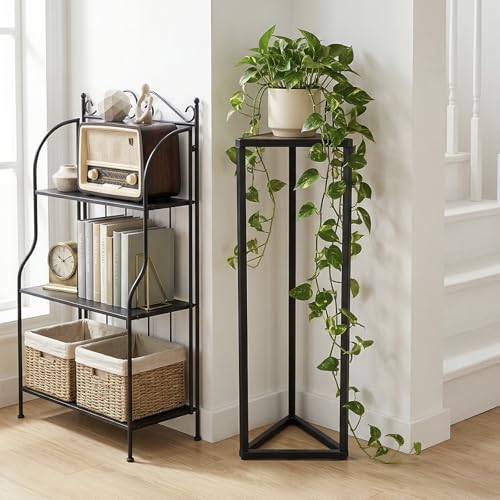 MyGift 36 Inch Tall Plant Stand Indoor - Modern Triangular Corner Plant Stand, Large Torched Wood and Black Metal Frame Plant Pot Pedestal Holder