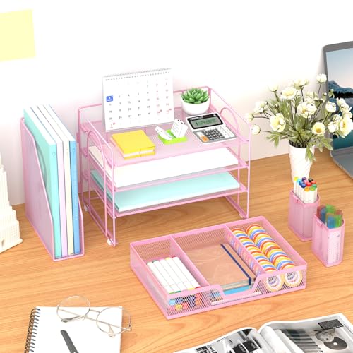 Marbrasse Desk Organizer and Accessories，4-Tier Paper Letter Tray Organizer with File Holder, Workspace Desk Organizers Accessories with Drawer and 2 Pen Holder (Pink, 15.4" x 9.1" x 8.3") - color: Pink
