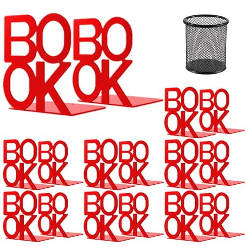 Book Ends - Decorative Metal Book Ends Supports for Bookrack Desk,Books, Unique Appearance Design,Heavy Duty (Red, 8 Pair) - color: Red, size: 8 pair