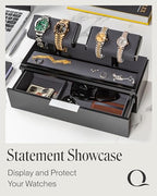 QWATCH Watch Stand Display Case - Acrylic Watch Box for 2 or 4 Watches with Jewelry Valet Tray and Drawer - color: Double - Black / Charcoal