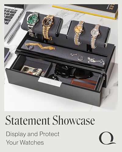 QWATCH Watch Stand Display Case - Acrylic Watch Box for 2 or 4 Watches with Jewelry Valet Tray and Drawer - color: Double - Black / Charcoal
