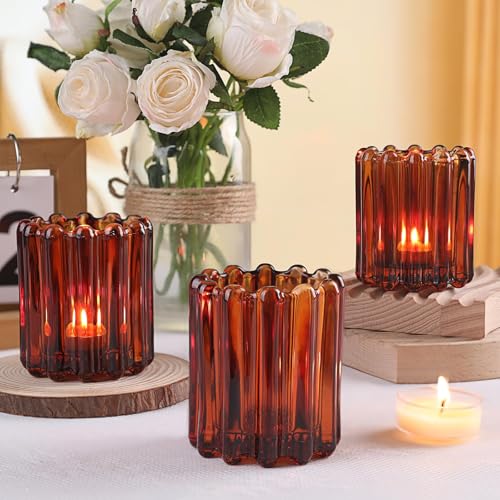 HAVITI 6 Pcs Votive Candle Holder, Amber Glass Vintage Candle Holders, Tealight Candle Holder for Boho Fall Wedding Centerpieces Dinner Party Table Decor - color: Amber