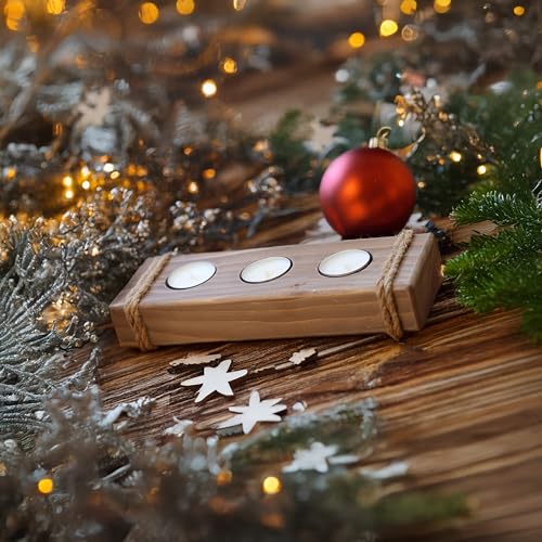 Wooden tealight Candle Holder - Rustic Tea Light Holder - Cool Wood Farmhouse Table Decor - 3 Tea Lights Candle Holder Tray - Cute Brown Tea Candle Holders