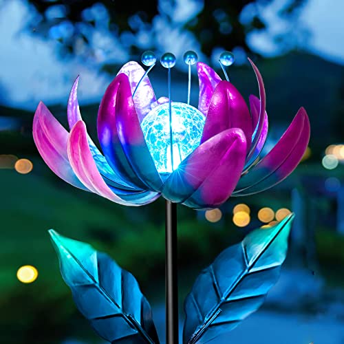 AIINY Solar Purple Metal Flower Wind Spinners, Colorful Spinning Windmill Lotus Yard Art Lights Wind Pinwheels with LED Crystal Ball Decorative Stake Lighting Flower Sculpture - color: Purple