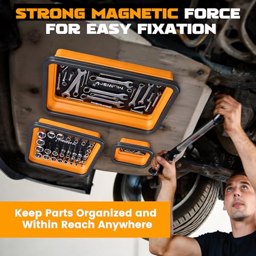 Mulwark 4Pcs Collapsible Magnetic Tray with 15Lb Magnetic Pickup Tool, 3 Sizes Silicone Magnetic Parts Tray for Organizing Screw Bolts Nuts Washers Pins and Other Small Metal Parts