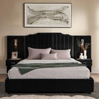 Luxury Queen Size Bed Frame with LED Lights and Nightstands, Modern Velvet Upholstered Platform Bed Frame with Oversized Headboard, Buttons Around, No Box Spring Needed, Black | Breathable material - color: Black-velvet, size: Queen