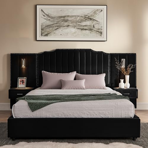 Luxury Queen Size Bed Frame with LED Lights and Nightstands, Modern Velvet Upholstered Platform Bed Frame with Oversized Headboard, Buttons Around, No Box Spring Needed, Black | Breathable material - color: Black-velvet, size: Queen