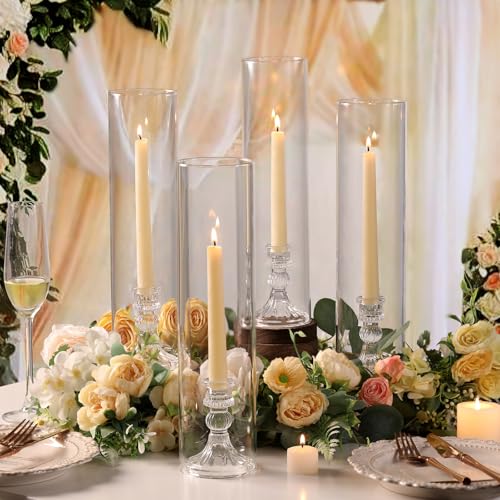 6 Set Hurricane Glass Candle Holders for Taper Candles, Vertical Striped Candlestick Holders with Windproof Glass Tubes 13.4" H for Wedding, Dinner Table Centerpieces, Festival and Party Decor - size: 3.3"D-13.4"H -6pcs+6pcs Striped Candlestick Holder