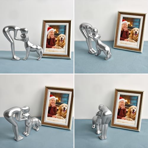 Cute Pet Sculpture Home Decor Man and Dog Statue Decoration for Office、Living Room、Bedroom、Home， Memory Gifts for Dog Lovers (Silver) - color: Silver