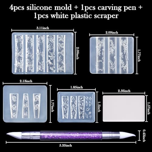 Laza 4pcs Silicone Nail Art Molds, Acrylic 3D Spring Summer Flower Nail Charms Molds Clear Modeling Templates Silicone Flowers Pattern Nail Tools with Sculpture Pen for Salon Nail Design - color: Flowers