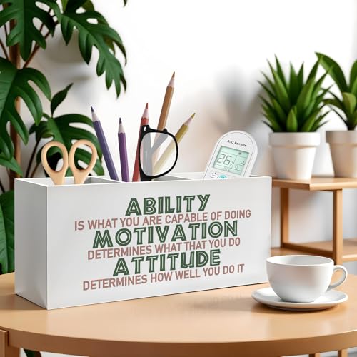 Motivational Office Pencil Pen Holder for Desk, Ability Motivation Attitude Wooden Pencil Holder Organizer for Home Office Desk Accessories, Encouragement Gifts for Women - color: Color-Desk accessories white 15