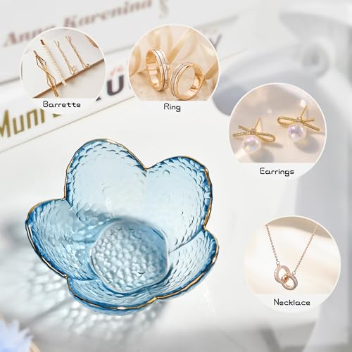 Blue Flower Jewelry Trinket Dish, Glass Ring Holder Tray, Small Trinket Bowl Gifts for Women - color: golden-edged blue