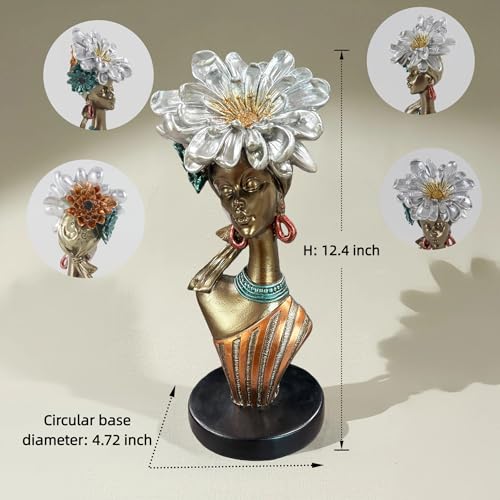 Lescafita African Woman Art Sculpture with Silver Floral Crown, Metallic Art Statue,Elegant African-Inspired Art Gift Suitable for Various Settings Such as Home, Bookshelves, desks, or Offices - color: 704-color