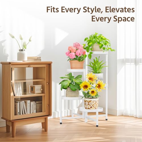 LASZOLA 5 Tiered Folding Plant Stand Indoor for Multiple Large Planter, Tall Heavy Duty Adjustable Rack with Rust Proof 10 Inch Wide Tray, Sturdy Vertical Tree Organizer for Narrow Inside Floor, White - color: Snow White, size: 5 Tier