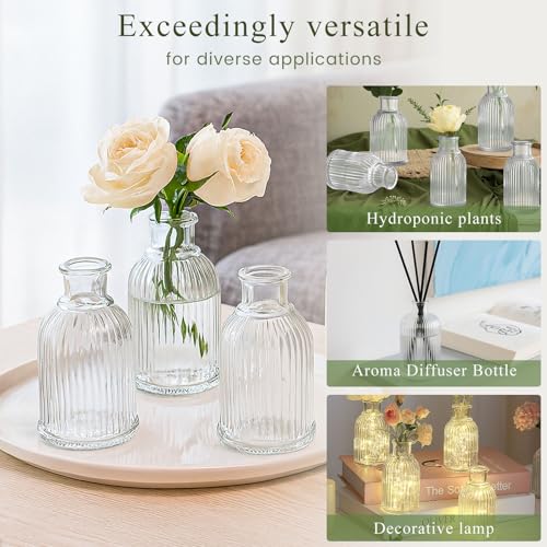 DomeStar 16PCS Glass Bud Vases for Flowers, 3.8inch Small Flower Vase in Bulk Clear Mini Ribbed Vases for Centerpieces Suitable for Modern Wedding Reception Baby Shower Table Decorations