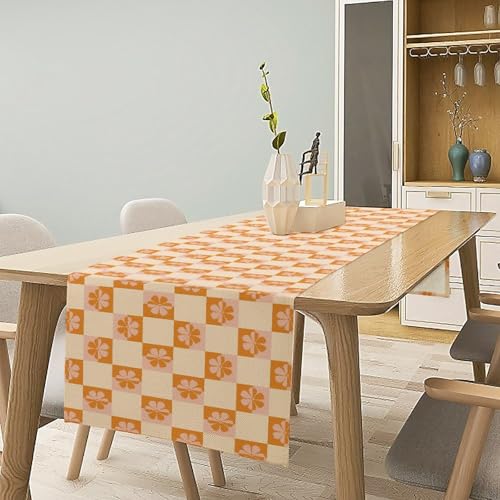 Pastel Checkered Flower Table Runner Cute Plaid Girls 70s Flower Aesthetic Funky Hippie Groovy Colorful Abstract for Kitchen Dining Table Home Party Decor Table Runners 13x36in - color: Beige-orange-2, size: 13x36in