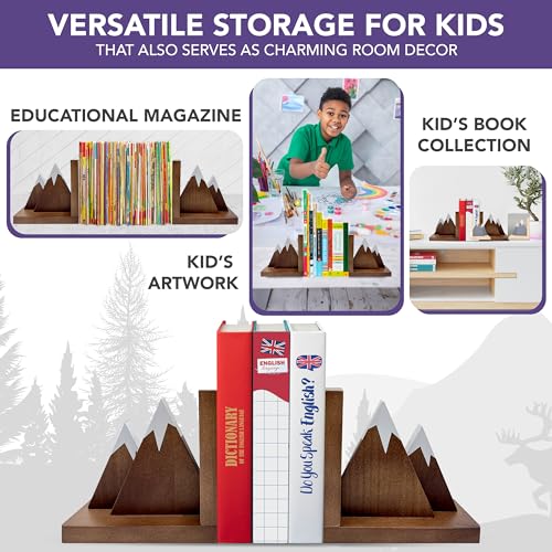 Decorably Dark Walnut Mountain Book Ends for Kids Books - 1 Set Non-Skid Wooden Mountain Bookends for Kids - Kid's Room, Nursery, Classroom
