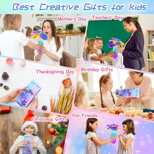 FJBICODA Poke Art Flower Bouquet Craft Kit - Arts and Crafts for Girls Ages 5-12 - Make Your Own Bouquet with 8 Flowers 2 Butterflies & 1 Vase - DIY Activities Gifts for 5 6 7 8 9 10+ Year Old Kids