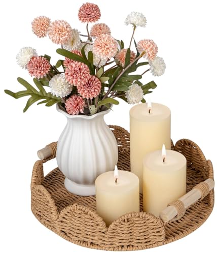 CubesLand Round Scalloped Decorative Centerpiece Tray for Coffee Table, Home Decor, Living Room - Neutral Tray w/Wooden Handle – Warm and Elegant for Holidays, Housewarmings - Candle Plate Holder - color: Neutral, size: 13"